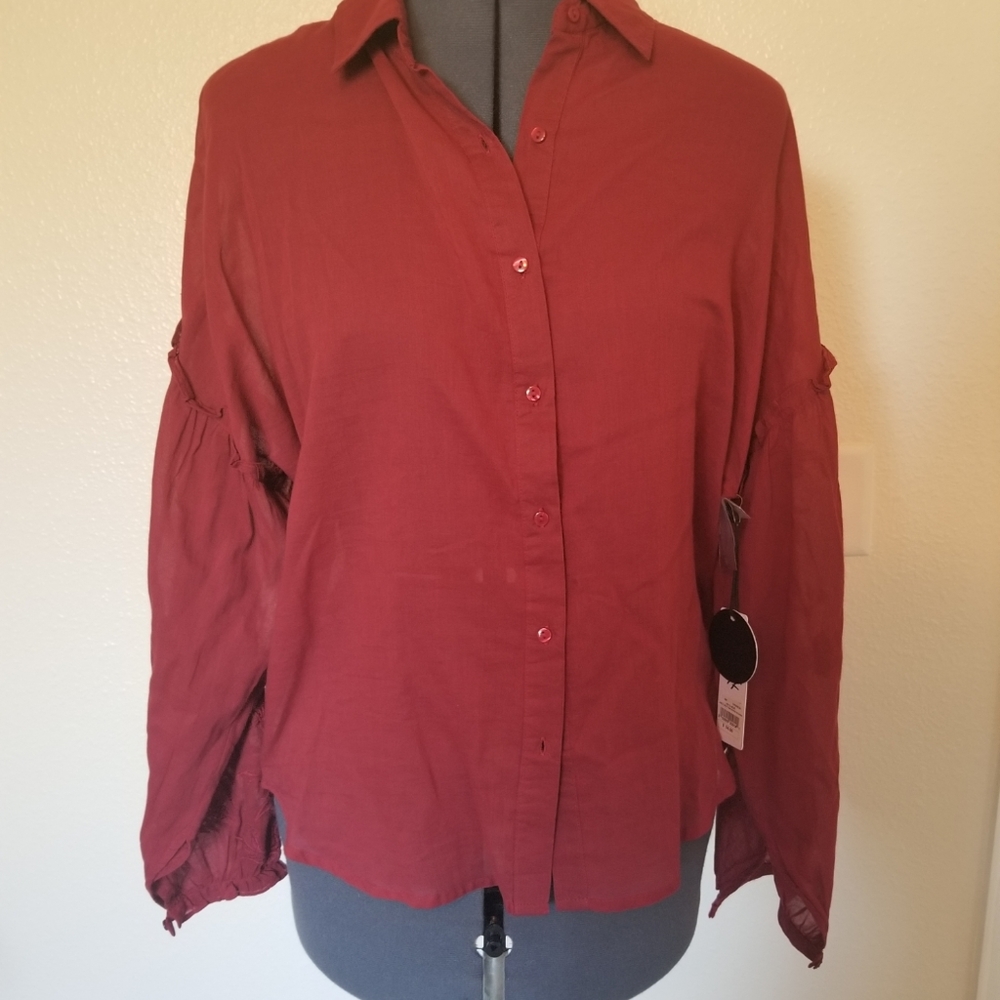Amuse Society Red Long-Sleeve Button Down